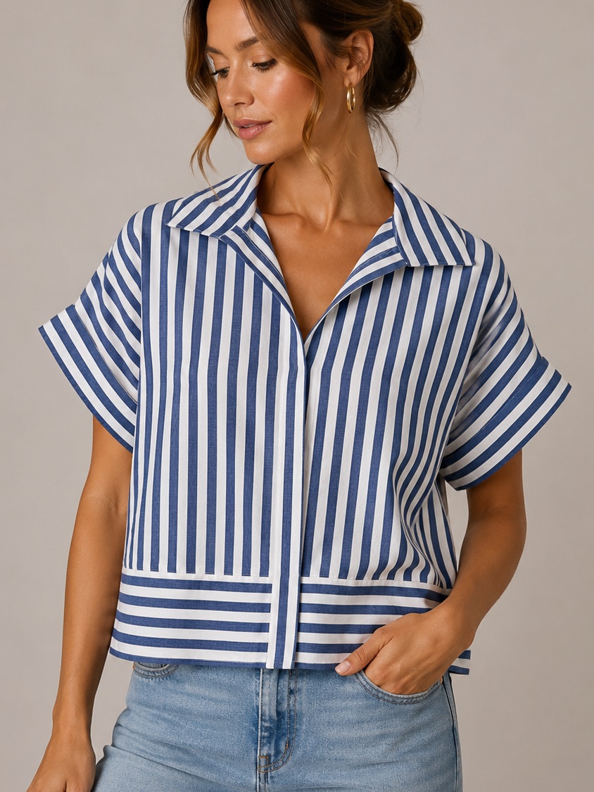 Zac & Rachel Blue And White Vertical-Striped Short Sleeve Top